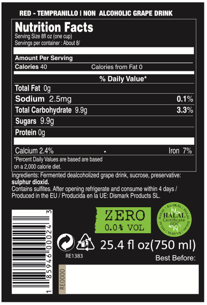 Lussory Tempranillo Premium Red Non Alcoholic Wine Nutrition Facts